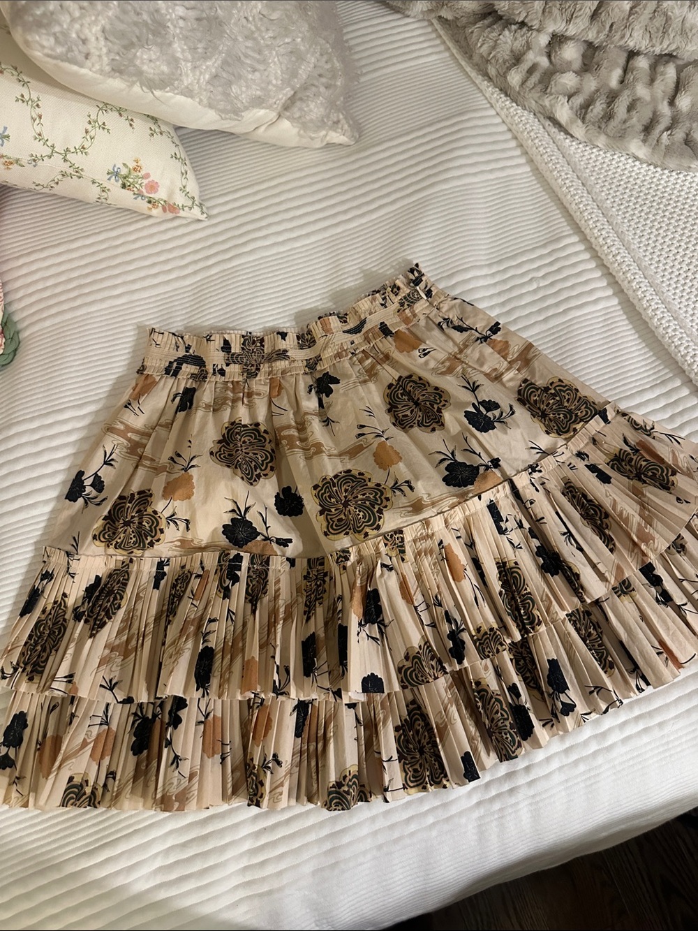 Ulla Johnson Beige Floral Pleated Tiered Skirt